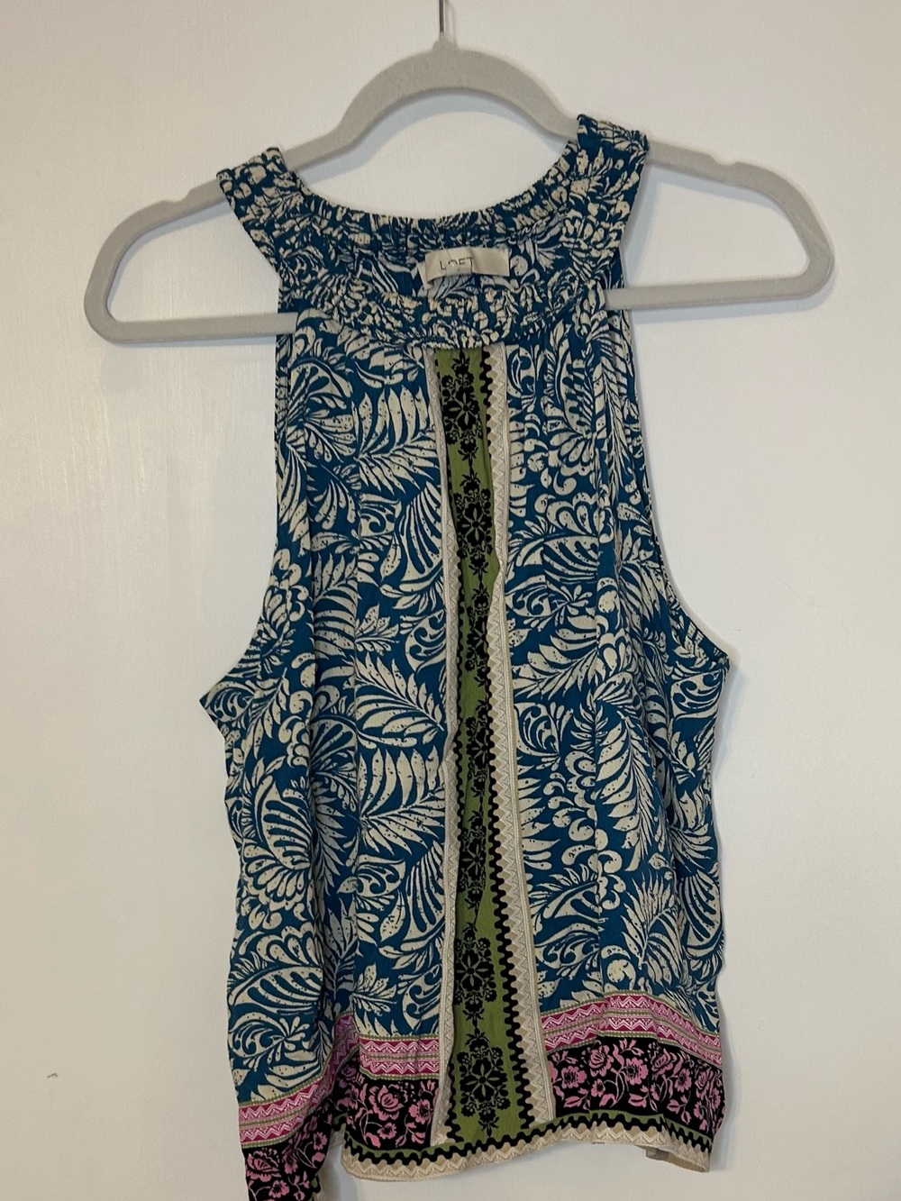 NWT LOFT Blue and Cream Floral Halter Tank with Pink Trim